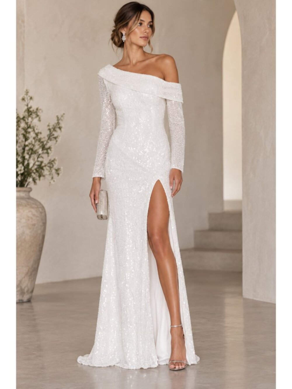 MacDuggal Sequin Long Sleeve One Shoulder Thigh High Slit Gown in White